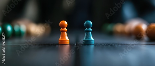 Explore the intense rivalry between two pawns on a chessboard, symbolizing strategy, competition, and the thrill of mental gameplay in a close-up perspective