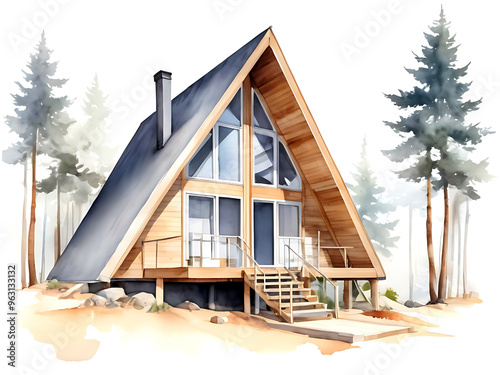 Watercolor sketch of modern minimalistic modular house. Generative AI.