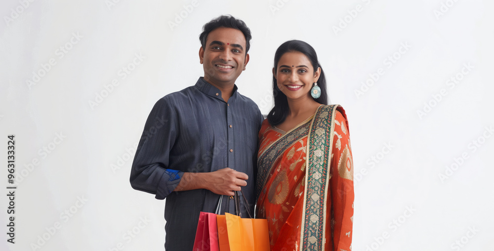 Indian man standing with wife holding shopping bags Indian man standing with wife holding shopping bags