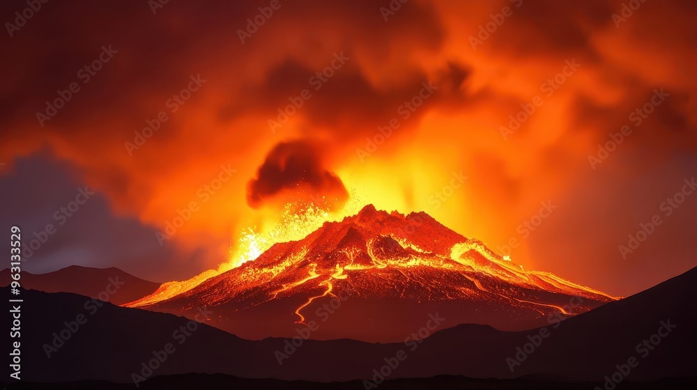 Fototapeta premium Dramatic volcanic eruption at night