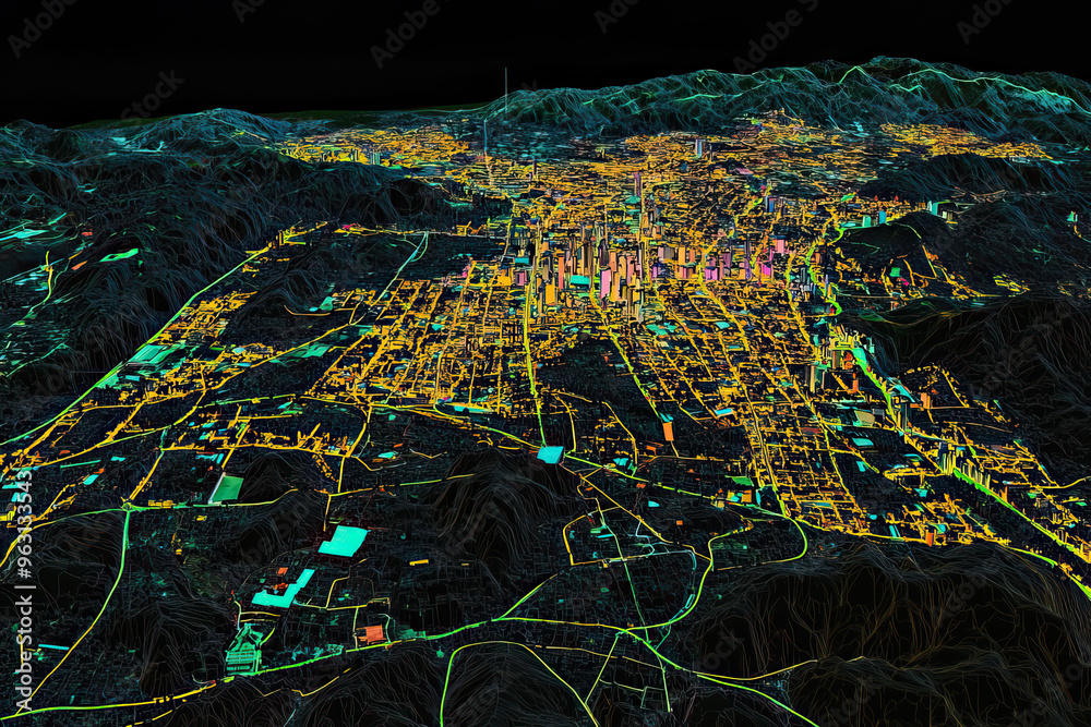 Obraz premium Technical aerial visual, 3D LiDAR GIS aerial map satellite scan model isolated, showing Medelln, Colombia . Elevation, topography, render