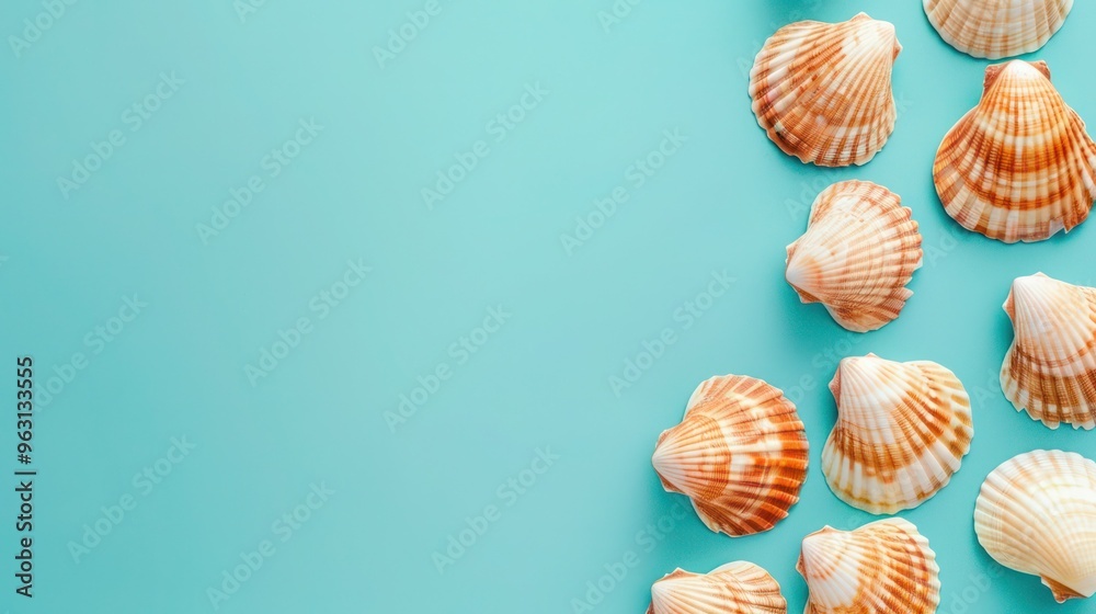 Summer Beach Vibes Scallop Shells on Blue Background with Copy Space. Concept Beach Photography, Summer Vibes, Scallops, Blue Background, Copy Space Summer Beach Vibes Scallop Shells on Blue Background with Copy Space. Concept Beach Photography, Summer Vibes, Scallops, Blue Background, Copy Space