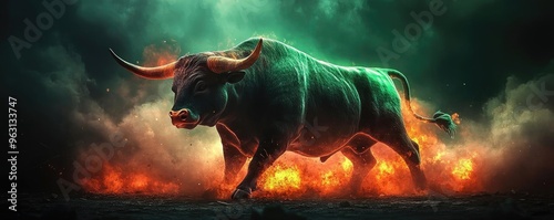 A fierce bull charging through a fiery landscape, embodying power and strength in a dramatic scene filled with smoke and flames. photo