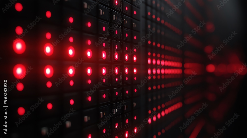 Rows of server racks with red lights lit up, suggesting high activity and processing power. Rows of server racks with red lights lit up, suggesting high activity and processing power.