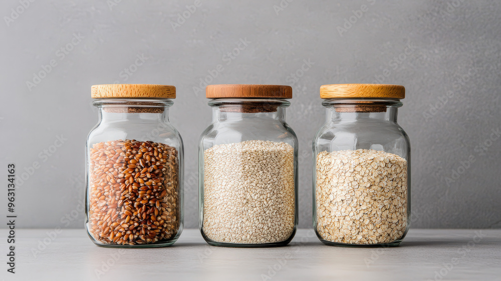 Barley, oats, and quinoa in glass jars Barley, oats, and quinoa in glass jars