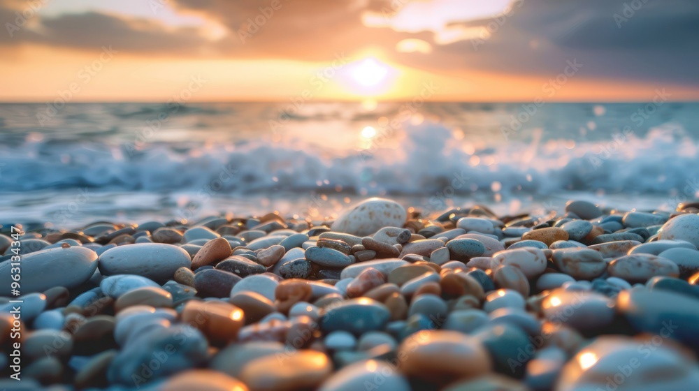 Obraz premium Pebbles on a stormy sea shore at sunset A Closeup View. Concept Stormy Seas, Sunset Views, Closeup Photography, Pebbles on Shore, Natural Beauty 