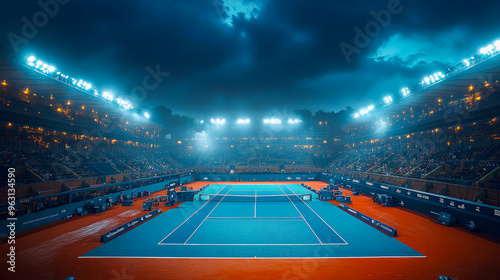 Dramatic sky over an empty tennis court lit by stadium lights at dusk