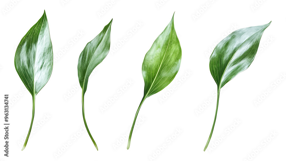 Fototapeta premium Four green leafs on a transparent background,Four Lily of the valley Leafs Isolated,Four Tropical Plant Leaves,leaf transparent png,Decoration work, green plants,Four green leafed plants, Ai