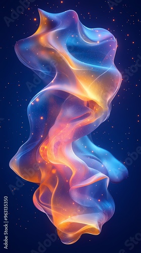 Abstract glowing blue and orange liquid wave with particles.