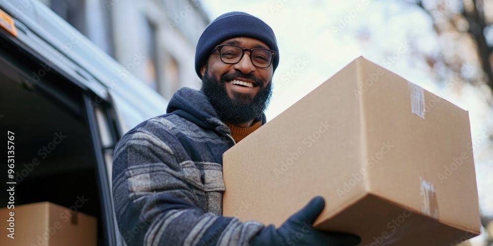Jovial Delivery Worker Unloading Packages Jovial Delivery Worker Unloading Packages