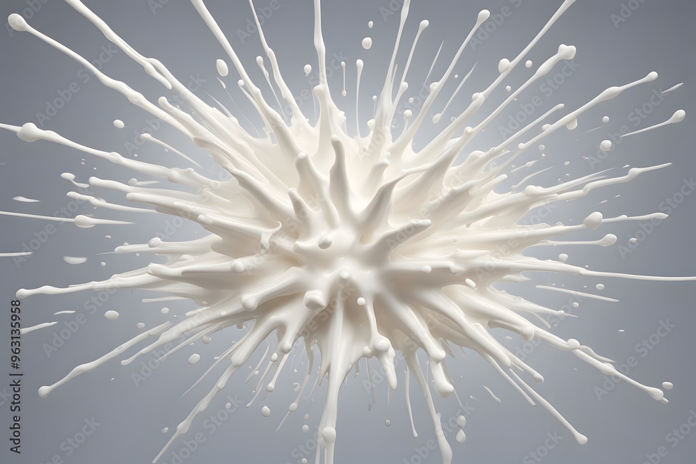 Naklejka premium A dynamic milk splash in the shape of a starburst with sharp angles and droplets, AI Generated