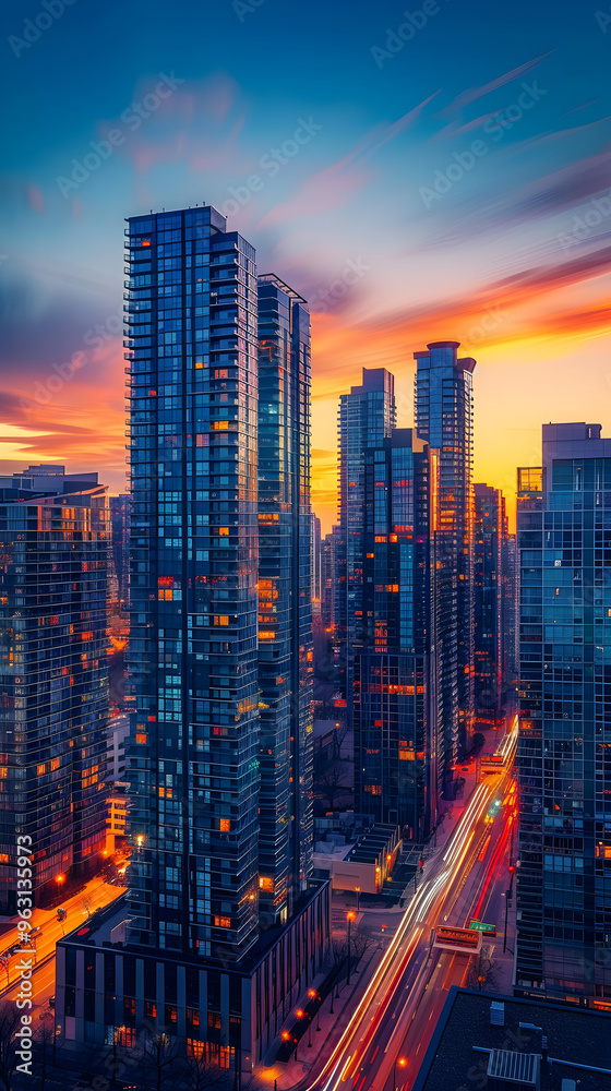 Obraz premium Dusk Over Urban Skyline - A Vivid Blend of Architectural Marvels and City Lights Embraced in Twilight's Embrace