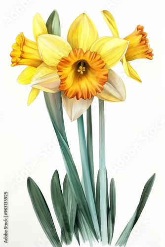 Yellow watercolour daffodil narcissus summer flower illustration on white background. Floral blossom concept photo