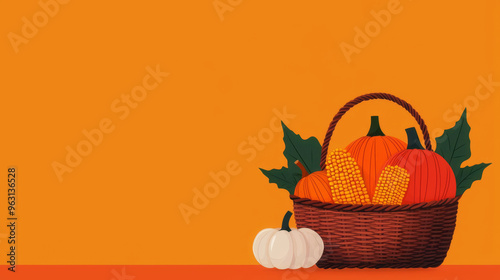 Rustic fall scene, basket of gourds and corn, flat design illustration photo