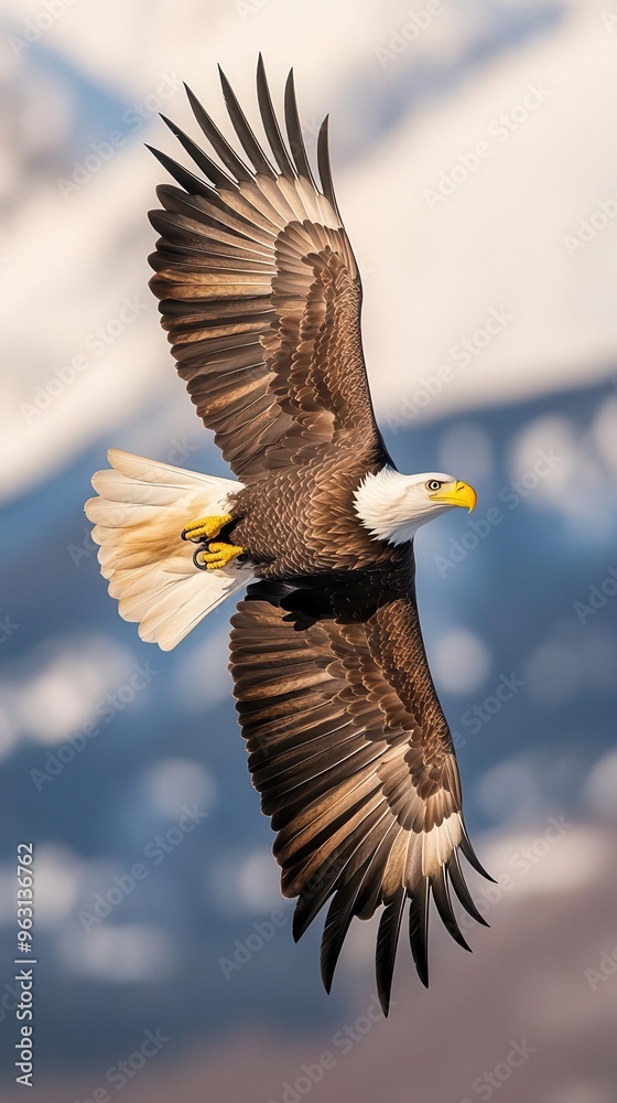 Obraz premium Majestic bald eagle in flight against mountain