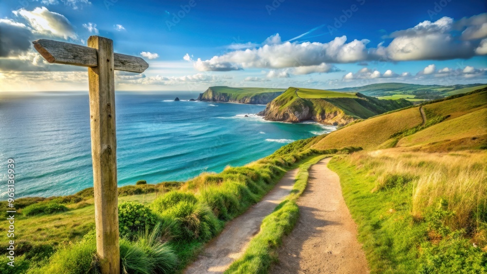 Scenic wooden signpost on the South West Coast Path in Cornwall, UK ...