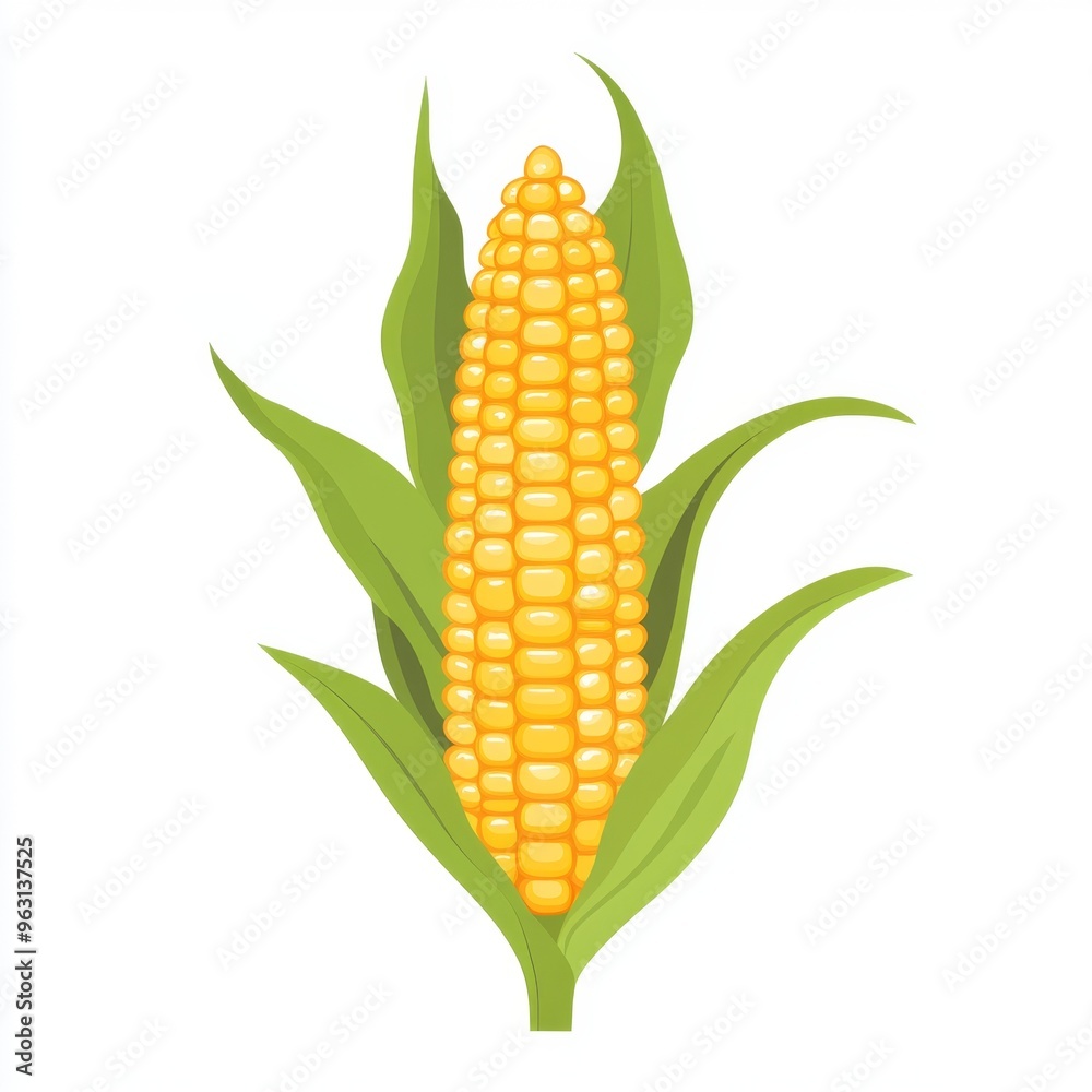 Obraz premium Vibrant Flat Design Corn Cob with Yellow Kernels on White Background - Simple and Minimalistic Illustration
