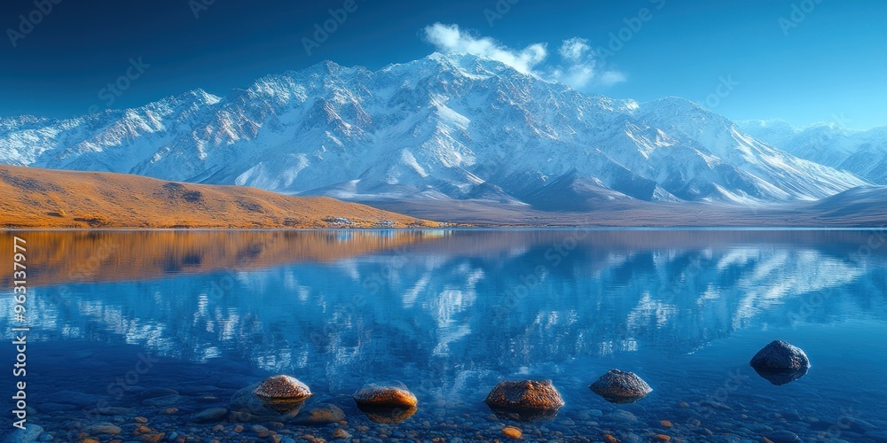 Obraz premium Snow-capped mountains reflected in a still mountain lake