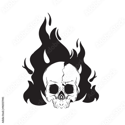 black and white skull in flames illustration