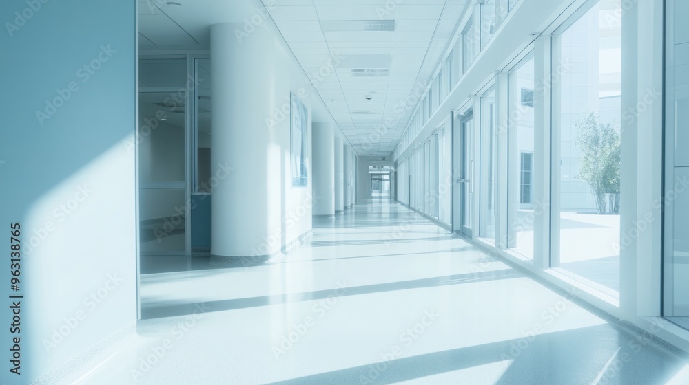 Modern Hospital Corridor with Sunlight Streaming Through Windows
