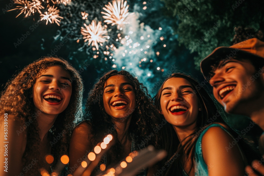 Four young friends laughing together with a fireworks display going off behind them Four young friends laughing together with a fireworks display going off behind them