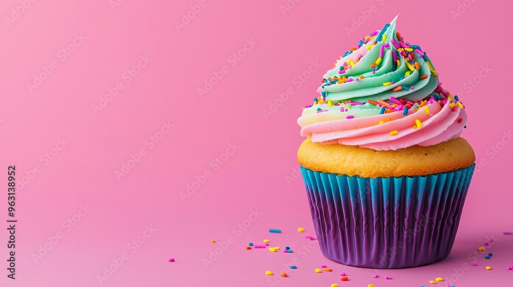 Cupcake with rainbow frosting and confetti sprinkles, vibrant background, perfect for kids birthday party, rainbow cupcake, kids party dessert Cupcake with rainbow frosting and confetti sprinkles, vibrant background, perfect for kids birthday party, rainbow cupcake, kids party dessert