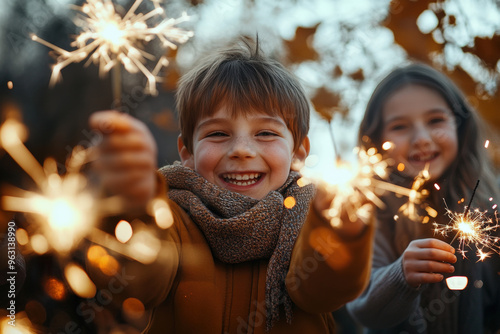 Two young children laughing and holding sparklers during a celebration outdoors in autumn photo