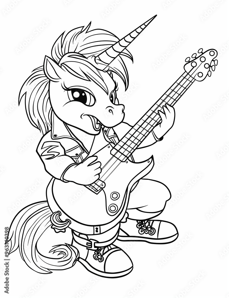 Fototapeta premium Guitarist Unicorn Rockstar Coloring Pages: Shredding Magical Riffs – Fun and Easy Line Art