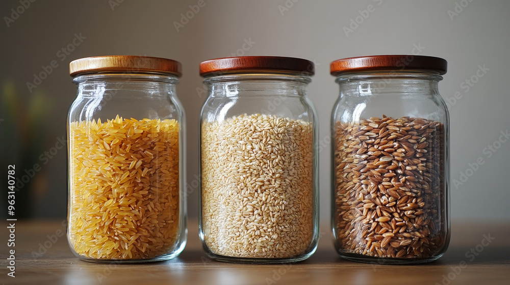 Barley, wheat, and rice in glass jars, emphasizing their minerals and nutrient content Barley, wheat, and rice in glass jars, emphasizing their minerals and nutrient content