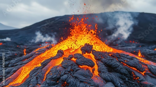 Dramatic lava flow from active volcano