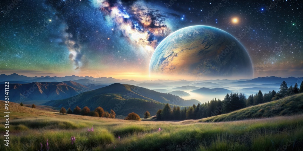 A scenic view from a mountain meadow overlooking a large planet with a starry sky in the background, mountain, meadow, planet, space A scenic view from a mountain meadow overlooking a large planet with a starry sky in the background, mountain, meadow, planet, space