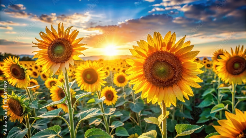 Obraz premium Vibrant sunflowers standing tall in a sunlit field, sunflowers, field, vibrant, yellow, nature, agriculture, summer, sunny