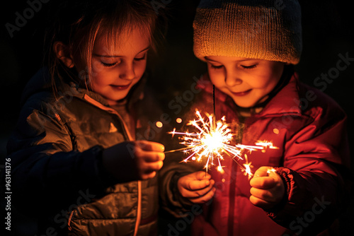 Two children are carefully holding a sparkler as it burns brightly at night photo