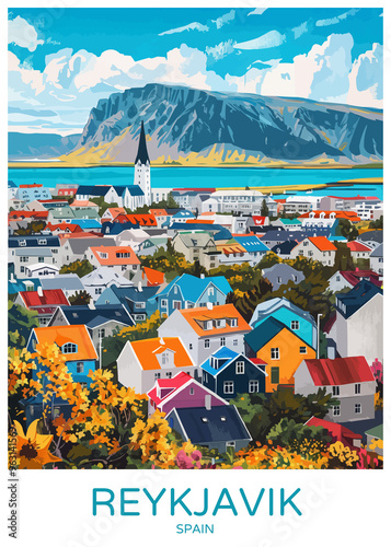 Reykjavik Iceland Poster Illustration Travel Print Decor Gift Paper Canvas Wall Retro Art #963141569