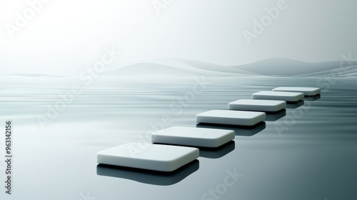 Softly lit, serene stepping stones lead across a calm water surface with a misty horizon Created with Generative AI. photo