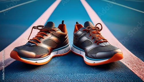 clipping path around a pair of running shoes placed on a track surface. The path s photo