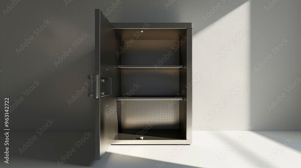 Open empty safe against grey wall, metal safety box on floor in room. Concept of interior, locker, background, theft Open empty safe against grey wall, metal safety box on floor in room. Concept of interior, locker, background, theft