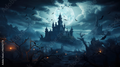 Haunted gloomy castle at Halloween night, scary dark Gothic mansion in mountain, spooky old palace in full moon. Concept of horror, mystery, medieval fantasy, forest