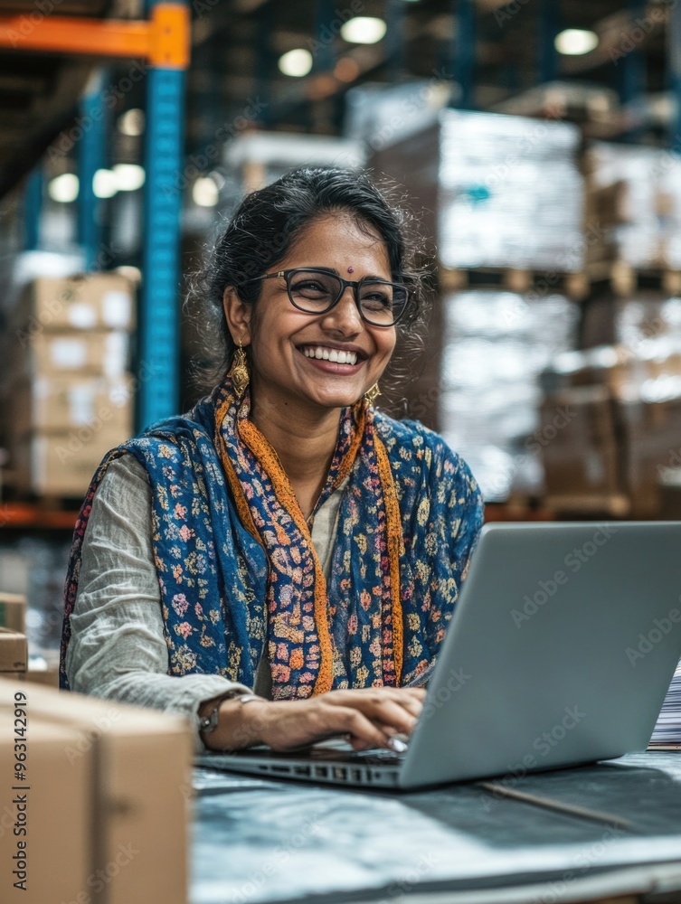 Smiling Indian Woman at Warehouse with Laptop Smiling Indian Woman at Warehouse with Laptop
