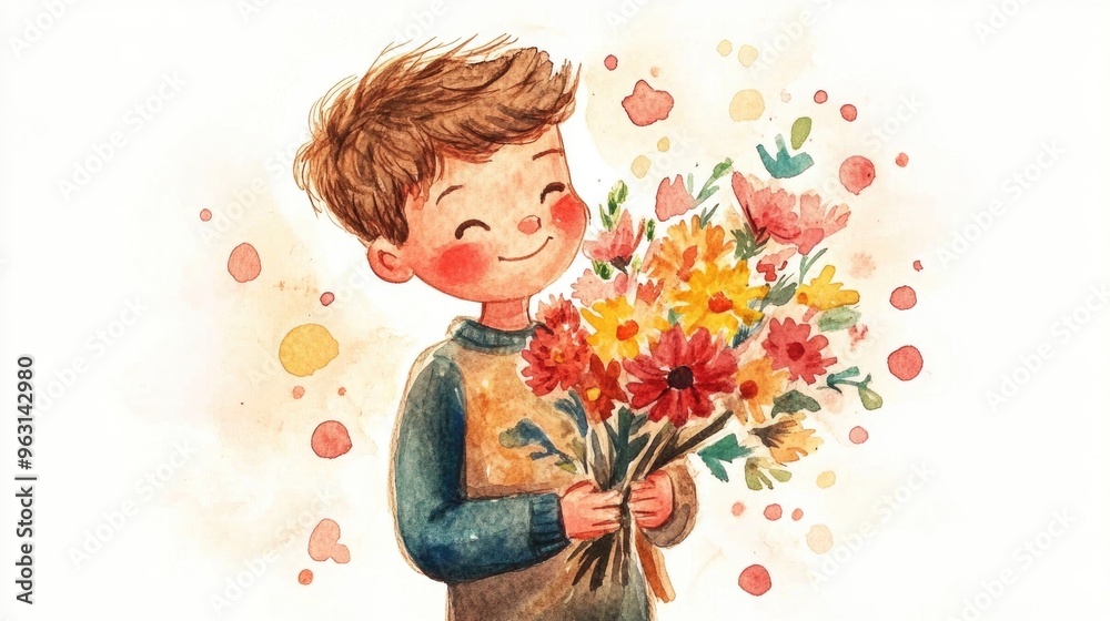 Fototapeta premium Joyful Child Holding a Colorful Bouquet: A Celebration of Nature's Beauty