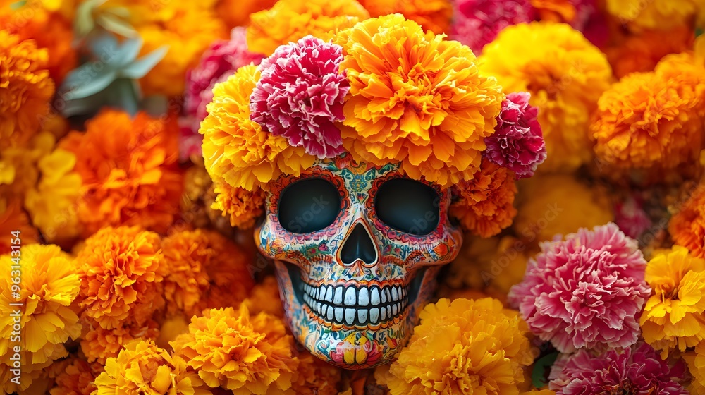A skull surrounded by a vibrant bouquet of colorful flowers in bloom A skull surrounded by a vibrant bouquet of colorful flowers in bloom