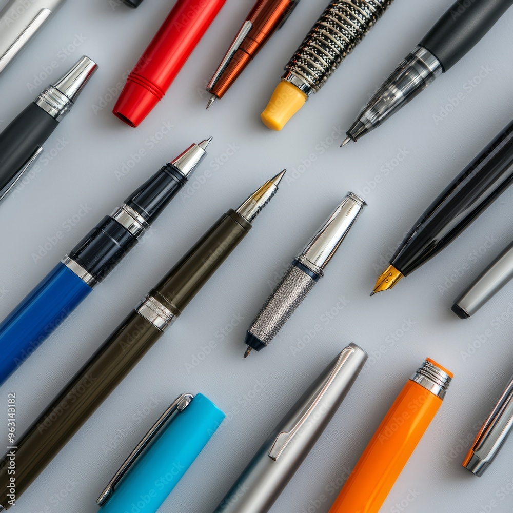 Multiple Pens on Grey Desk - Top View Editorial Photography Multiple Pens on Grey Desk - Top View Editorial Photography
