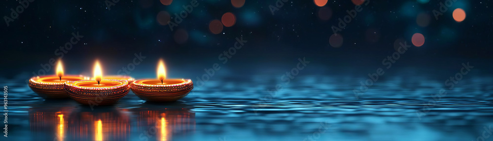 Diyas reflecting on water under a starry sky, symbolizing spiritual harmony and peace, serene Diwali night landscape Diyas reflecting on water under a starry sky, symbolizing spiritual harmony and peace, serene Diwali night landscape