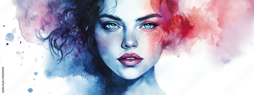 Fototapeta premium Captivating Watercolor Portrait of a Woman with Expressive Features and Vibrant Colors