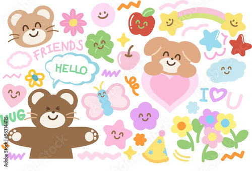Teddy bear and friends including butterfly, puppy, apple, cherry, clover leaf, heart, flowers, star, rainbow for cartoon character, comic, mascot, animals, zoo, souvenir shop, happy emoji, cute patch