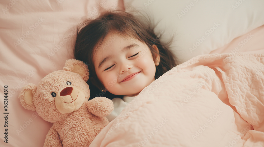 Sweet Dreams: Cute Little Girl Smiling and Lying on a Pink Bed with a Plush Teddy Bear, Blanket, and Pillow, Creating a Cozy Bedroom Scene. photo Sweet Dreams: Cute Little Girl Smiling and Lying on a Pink Bed with a Plush Teddy Bear, Blanket, and Pillow, Creating a Cozy Bedroom Scene. photo