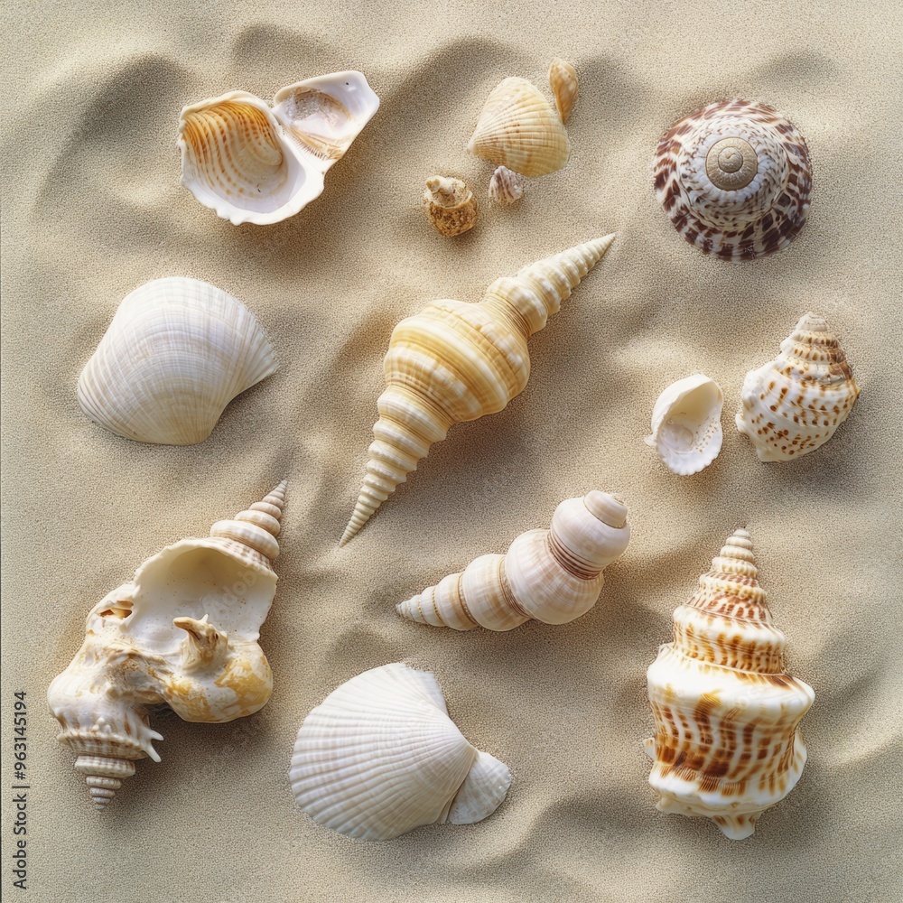 Seashell Collection on Sandy Beach: Aerial View Editorial Photography Seashell Collection on Sandy Beach: Aerial View Editorial Photography