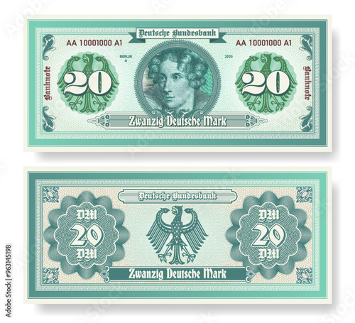 Vector banknote. In German it is written, twenty German marks and Bundesbank. Symmetrical note, obverse and reverse. Play vintage money with guilloche grid. Berlin finance certificate 20. photo