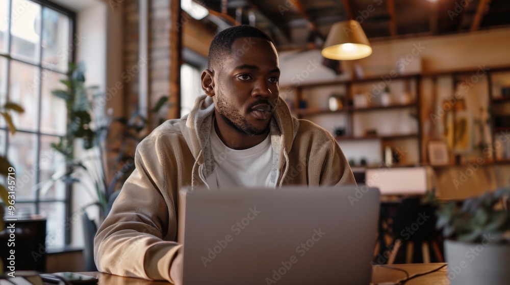 Focused Man Working on Laptop in a Cozy Indoor Setting Focused Man Working on Laptop in a Cozy Indoor Setting