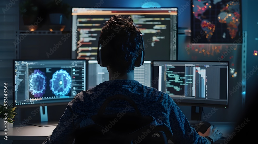 Software Developer Debugging Sentiment Analysis Model on Dual Monitor Setup Concept of Data Visualization and AI Powered Analytics Software Developer Debugging Sentiment Analysis Model on Dual Monitor Setup Concept of Data Visualization and AI Powered Analytics